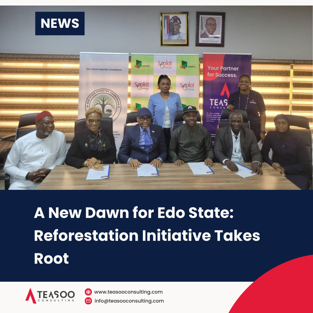 A new dawn for Edo State! Representatives from Edo State Government, NNPC, Seplat, and TEASOO Consulting join forces to plant 5 million trees and reforest 6,000 hectares of degraded forests.  This initiative will help combat climate change, improve air and water quality, and provide habitat for wildlife.