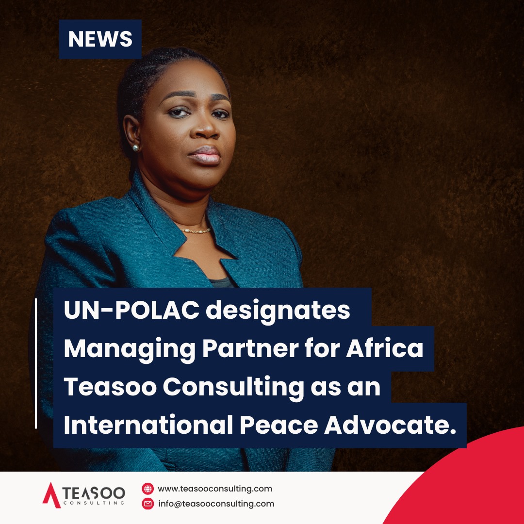 Text on a document naming Sarah Esangedo Ajose-Adeogun, Managing Partner for Africa, Teasoo Consulting, as a UN-POLAC International Peace Advocate