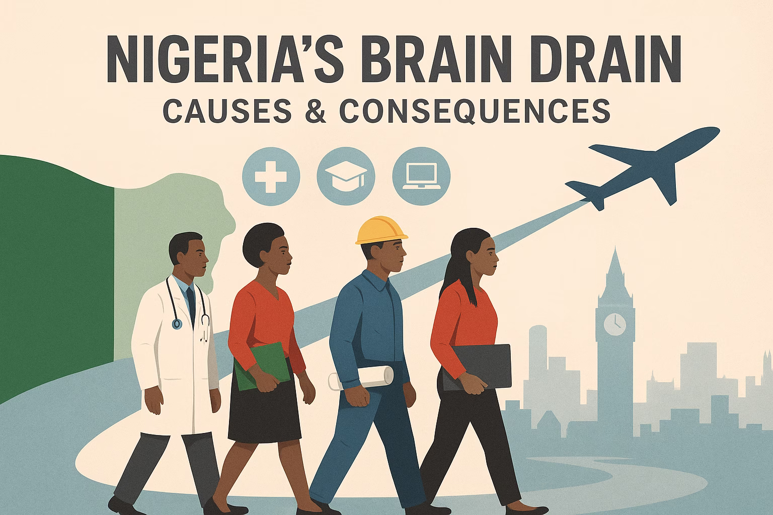 Illustration of Nigerian professionals crossing a bridge toward Western cities, symbolizing brain drain, with fading Nigerian flag in the background.