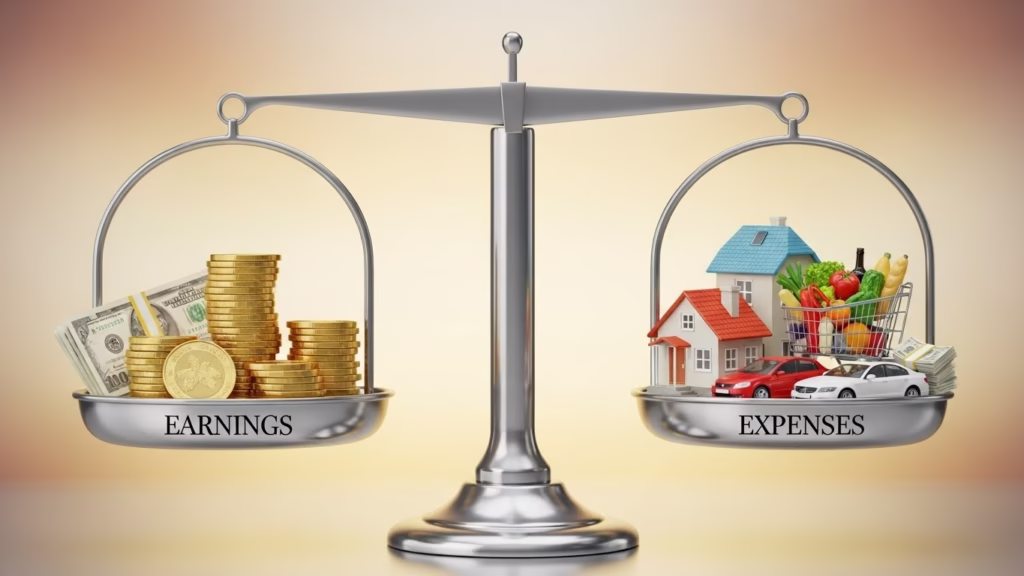 A realistic image of a weighing scale with “Earnings” on the left pan filled with money, balanced against “Expenses” on the right pan containing icons of a house, car, groceries, and bills, illustrating how higher income is often matched by higher costs.