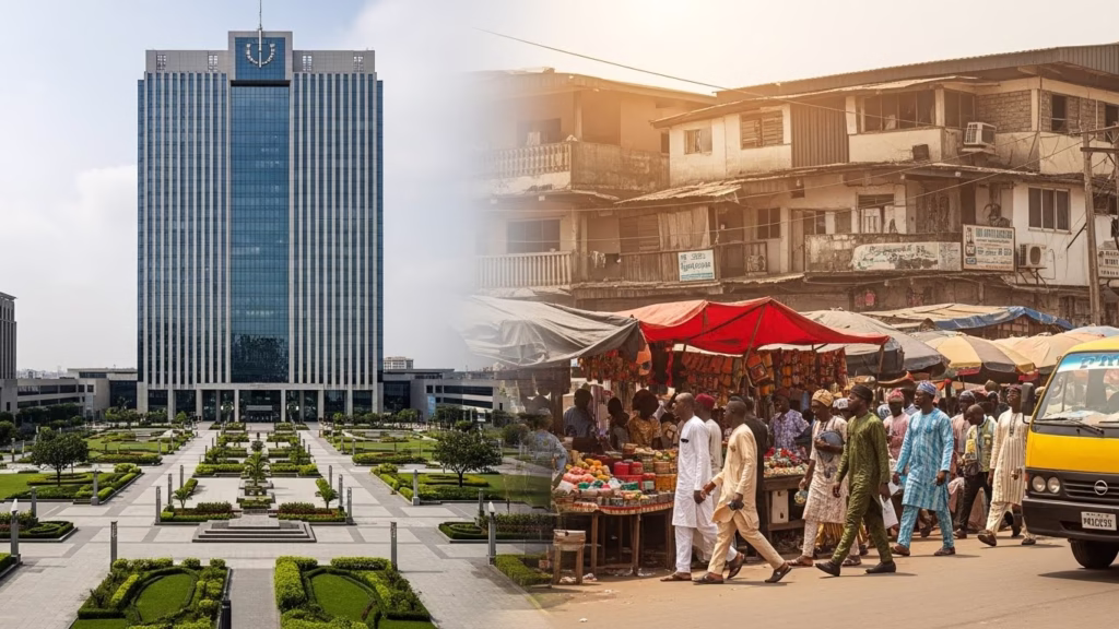 “A realistic side-by-side image comparing the predictable structure of life abroad, clean streets, organized transport, and formal workplaces with the flexible, adaptive flow of daily life in Nigeria, illustrated through vibrant street activity and informal problem-solving.”