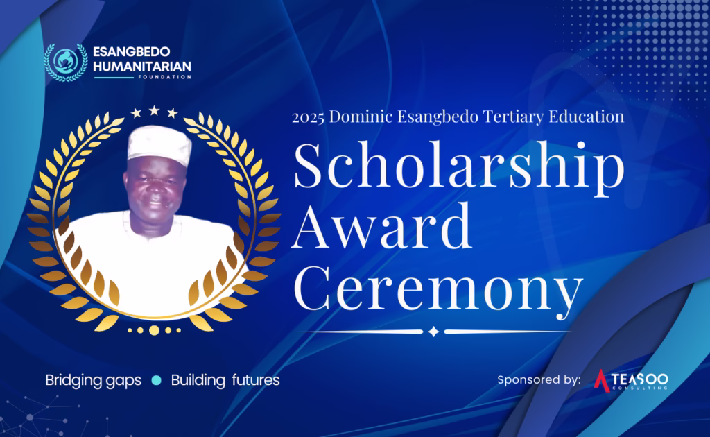 Promotional flyer for the EHF Scholarship Award 2025 featuring event details, branding elements, and the Esangbedo Humanitarian Foundation logo.