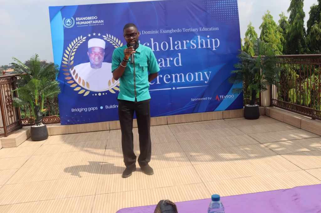 One of the EHF Scholarship Award 2025 recipients speaking during the ceremony, expressing gratitude and sharing their experience.